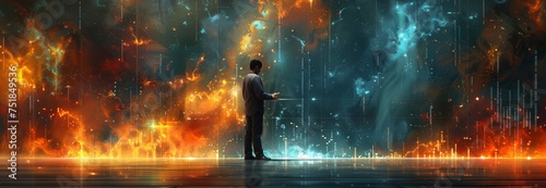 A man is standing in front of a wall of fire, surrounded by darkness. The heat from the flames contrasts with the cool atmosphere in the sky, creating a mesmerizing geological phenomenon