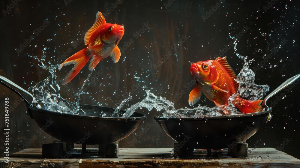 Fish leaping out of two frying pans with dynamic water splash against dark background. Creative action shot concept with copy space - obrazy, fototapety, plakaty 