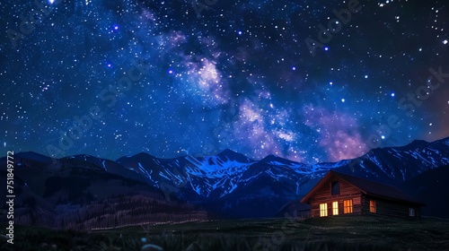 Starry night over an isolated mountain cabin background