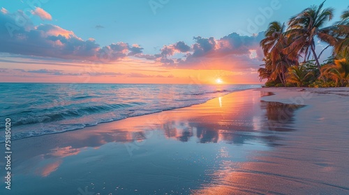 The Sun Sets Over the Ocean on the Beach