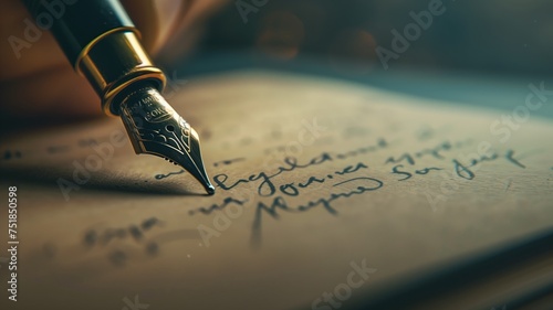 A classic fountain pen rests upon an aged paper with handwritten cursive text, evoking nostalgia photo
