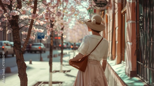 Elegant lady in a vintage dress and hat admiring cherry blossoms in the city. Springtime fashion and serenity concept. Design for travel blog, fashion article, or seasonal event