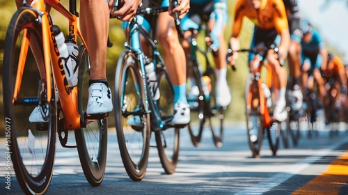 Close-up of a group of cyclists with professional racing sports gear riding on an open road cycling route 