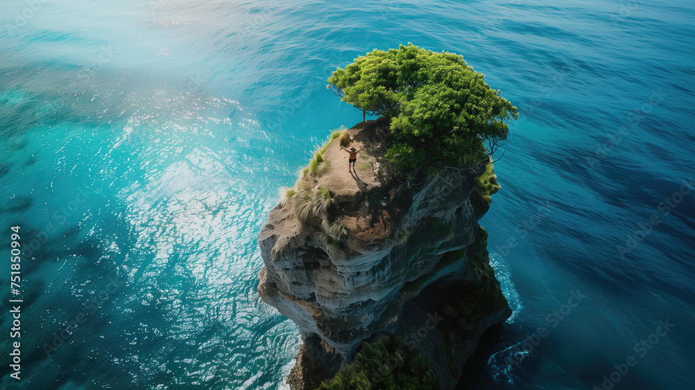 A lone tree stands on a steep cliff above a crystal-blue ocean