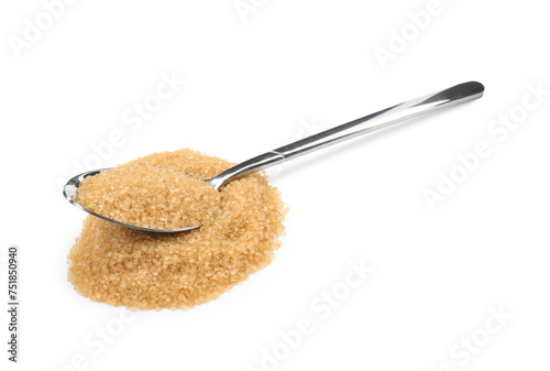 Pile of brown sugar and spoon isolated on white