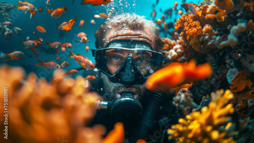A scuba diver exploring a coral reef underwater. photo