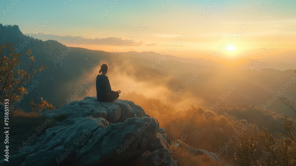 Person meditating on a mountain at sunrise with a foggy valley