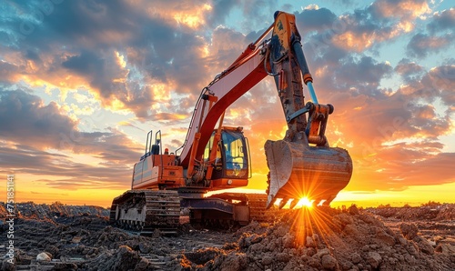 An excavator digging soil at sunset