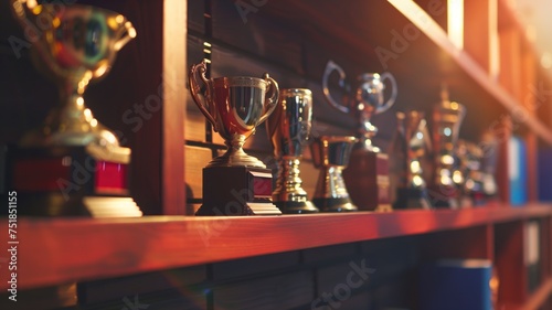 Shelf of various trophies against a dark wood background