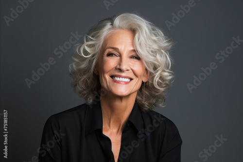 Portrait of smiling senior businesswoman with grey hair against grey background