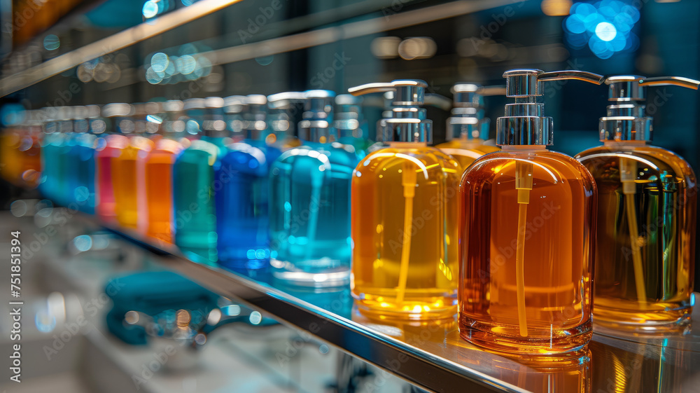 Multi-colored bottles with liquid soap Multi-colored bottles with liquid soap