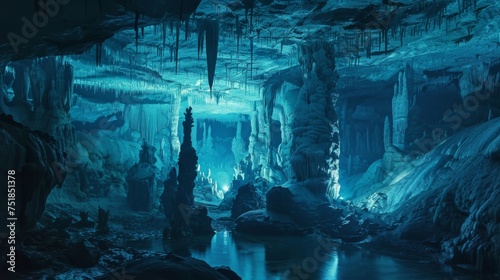 Underground cave with stalactites and stalagmites background photo