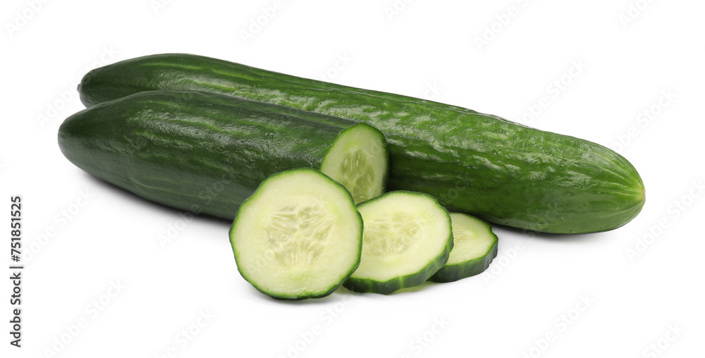 Whole and cut long cucumbers isolated on white Whole and cut long cucumbers isolated on white