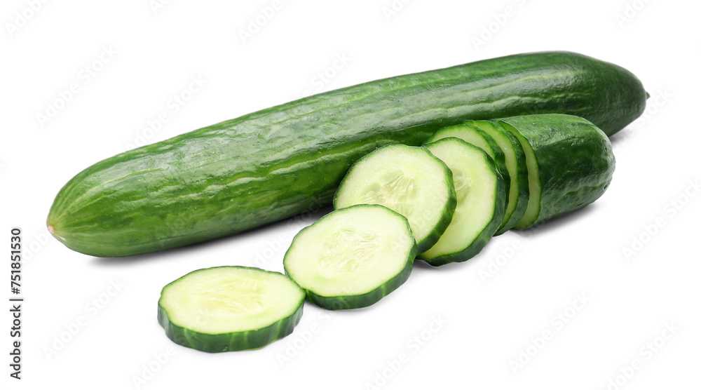 Whole and cut long cucumbers isolated on white