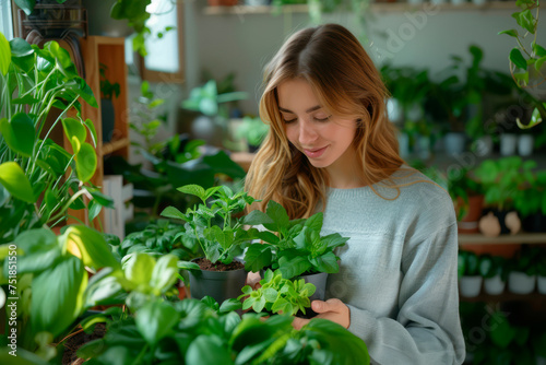 Young gardener woman replant plant in new brown pot standing behind wooden table at home.