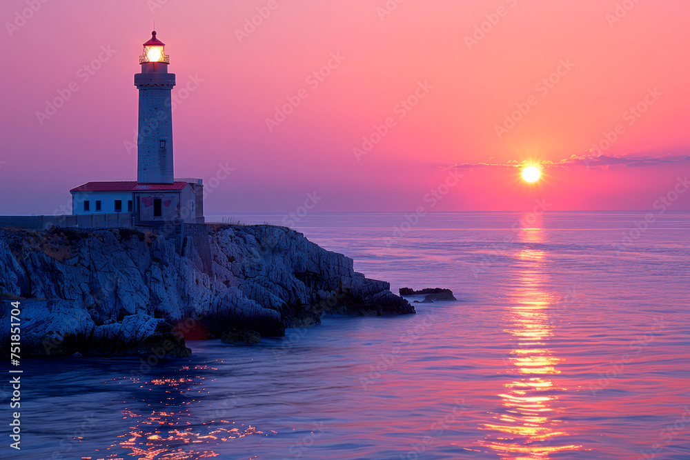 Lighthouse searchlight beam through marine air at night.