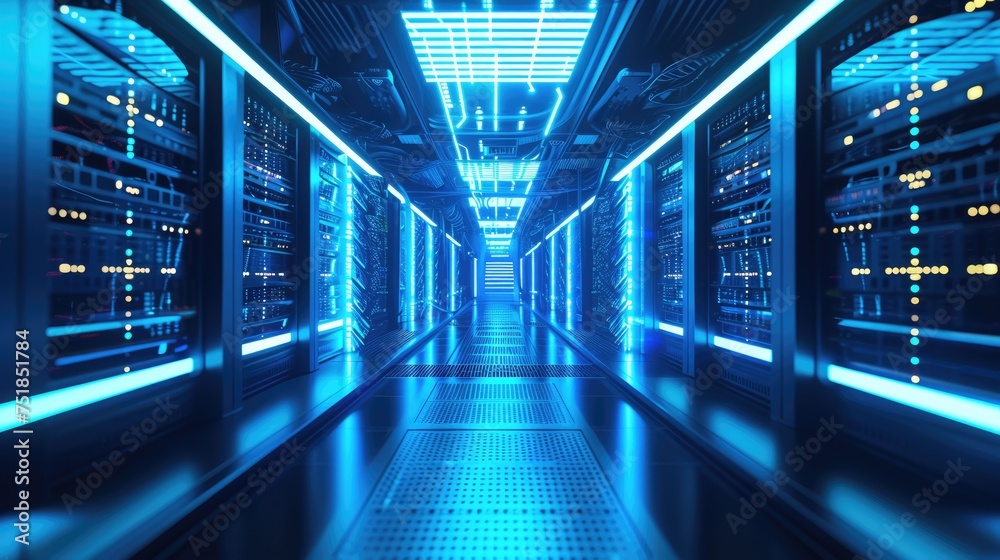 A parallel row of servers, adorned in electric blue, fills a technology-driven data center hallway with a symmetrical display of power and Azure technology. AIG41