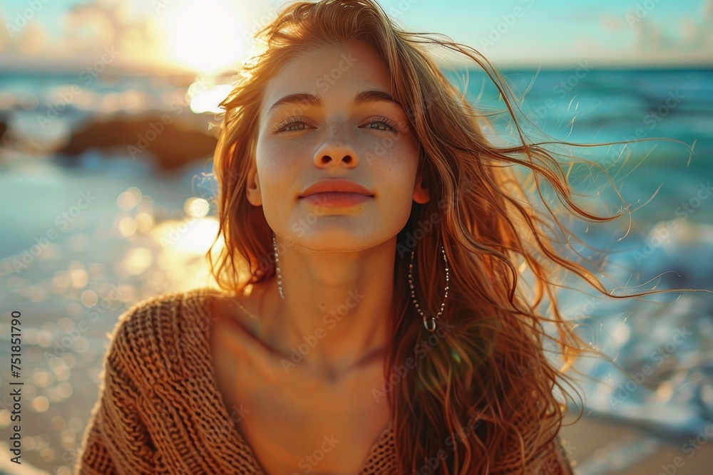 A dreamy young woman lost in thought on the beach as the sunset creates a stunning backdrop A dreamy young woman lost in thought on the beach as the sunset creates a stunning backdrop
