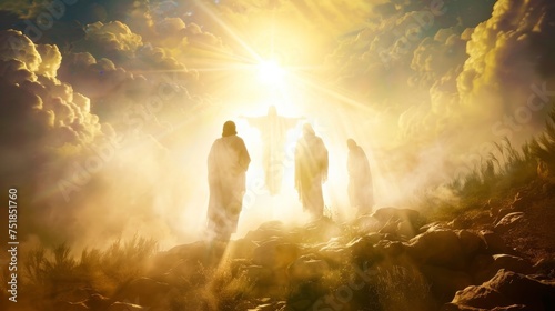 Uplifting scene of Jesus Christ’s transfiguration before Peter, James, and John, showcasing divine glory and prophetic fulfillment.