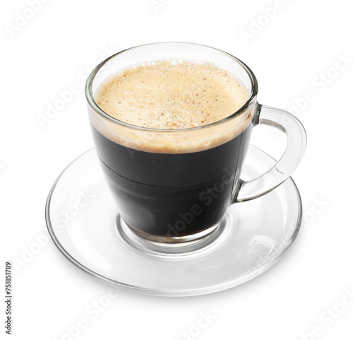 Aromatic coffee in glass cup isolated on white