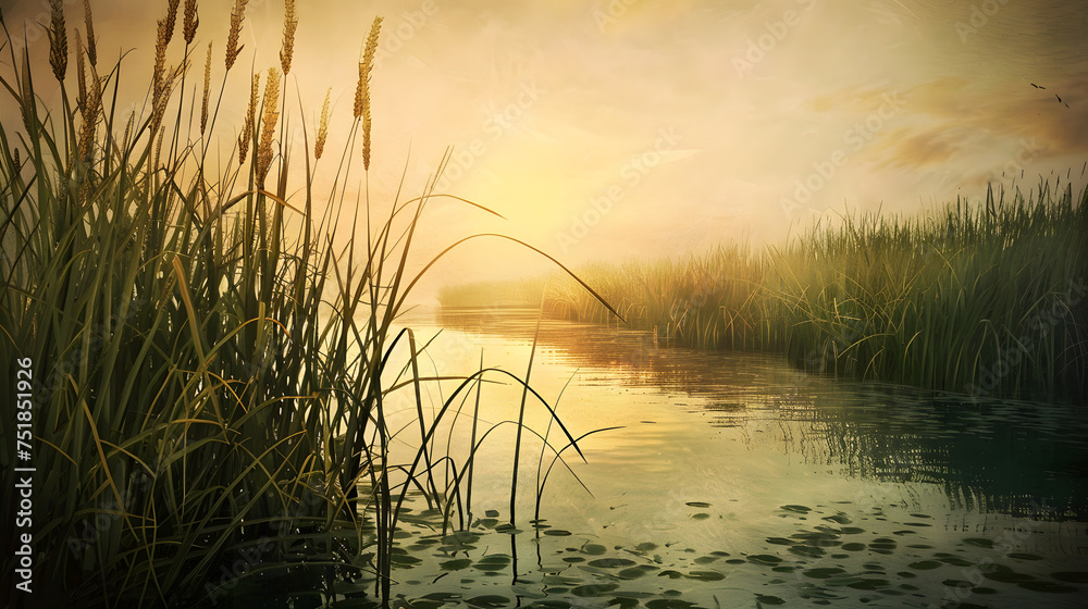 A Painting of a Lake With Reeds in the Foreground