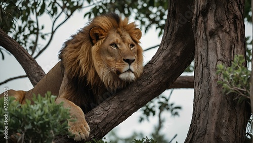 A lion sitting on a tree