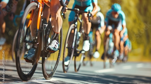 Close-up of a group of cyclists with professional racing sports gear riding on an open road cycling route  © Ziyan Yang