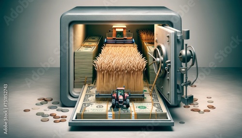  The Farmer's Harvest. In a surreal blend, a farmer drives through wheat sprouting from a banknote atop an open safe, symbolizing the intertwining of agriculture and financial prosperity.