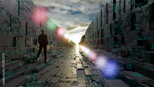 3d abstract render of a businessman standing in a small valley of futuristic machinery looking toward the sun.