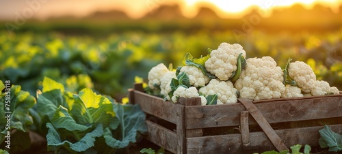Cauliflowers in wooden boxes against the background of a field with cauliflower © Vasiliy