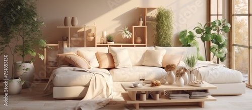 A modern living room is packed with various pieces of furniture including a beige sofa  pillows  blankets  tables  plants  and other decorative elements creating a cozy and comfortable atmosphere