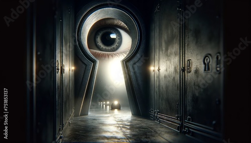 The Eye Behind the Keyhole: A Glimpse into the Unknown. A close-up of a keyhole revealing an eye peering through, surrounded by shadows and mystery, inviting speculation about the secrets it guards.