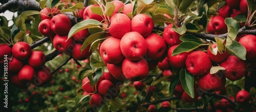 A tree branches covered in numerous ripe red apples hang heavily on each branch. The vibrant fruits create a striking contrast against the green leaves and brown bark.