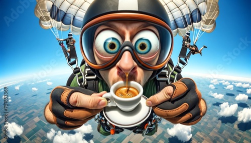 Sky-High Caffeine: Espresso Thrills at Altitude. A skydiver experiences the ultimate espresso buzz, soaring with impossibly large eyes and a cup in hand.