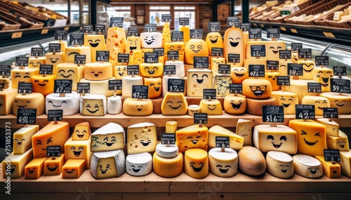 Cheerful Cheese Assortment. Various cheeses with emoji faces on a display shelf.