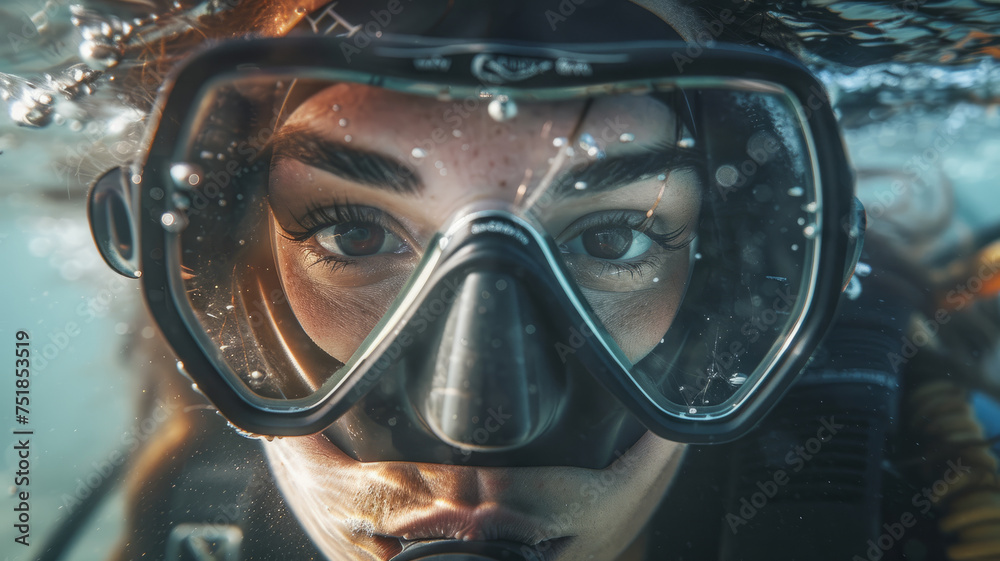 A young woman snorkeling underwater in a blue sea. A young woman snorkeling underwater in a blue sea.