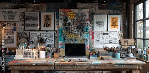 In the center of the room, there is a rectangular wood desk with a metal laptop on display. This artistically designed furniture piece enhances the buildings facade