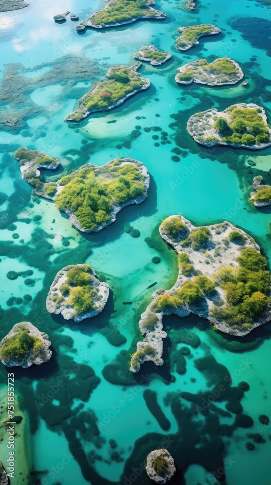 an aerial view of a lagoon with many small islands