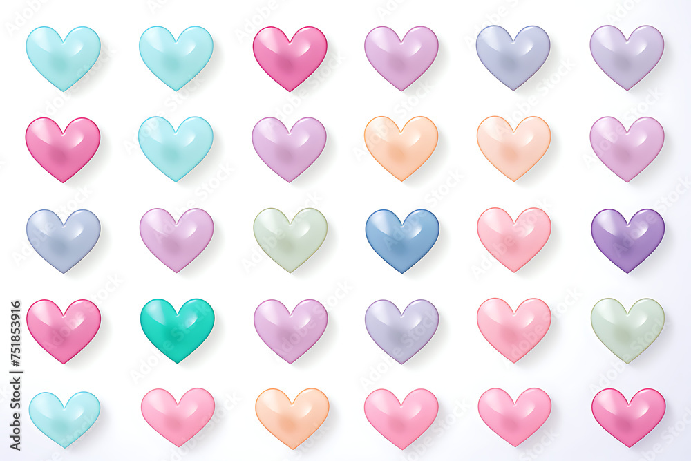 glossy, colorful hearts in various shades