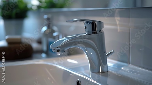 Close-up of a faucet and water drop. This scene depicts a bathroom interior with a sink and water tap