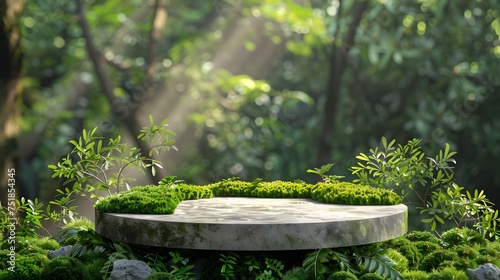 Podium background product moss stone green forest cosmetic display nature presentation. Background wood beauty product podium stand concept summer pedestal plant design template environment platform