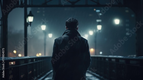 Back Of Cinematic Young man in winter coat walking