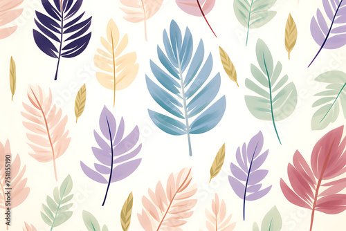 Elegant array of tropical leaves rendered in soft pastel tones on white background