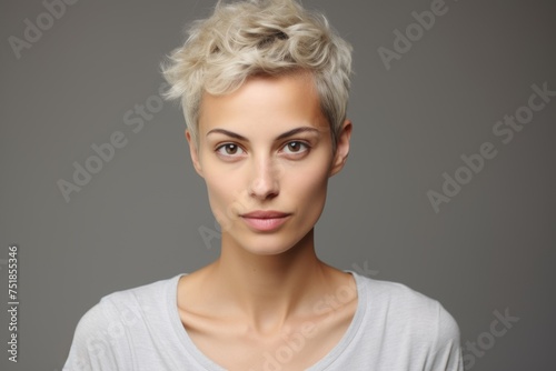 Portrait of a beautiful young woman with short blond hair on grey background