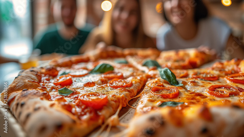 Photo of a group of friends eating pizza together, seated at a table in a cozy pizzeria. Fragrant pizza is divided into portions, eagerly awaiting to be savored in the delightful company of fellows