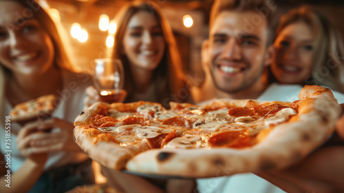 Photo of a group of friends eating pizza together, seated at a table in a cozy pizzeria. Fragrant pizza is divided into portions, eagerly awaiting to be savored in the delightful company of fellows