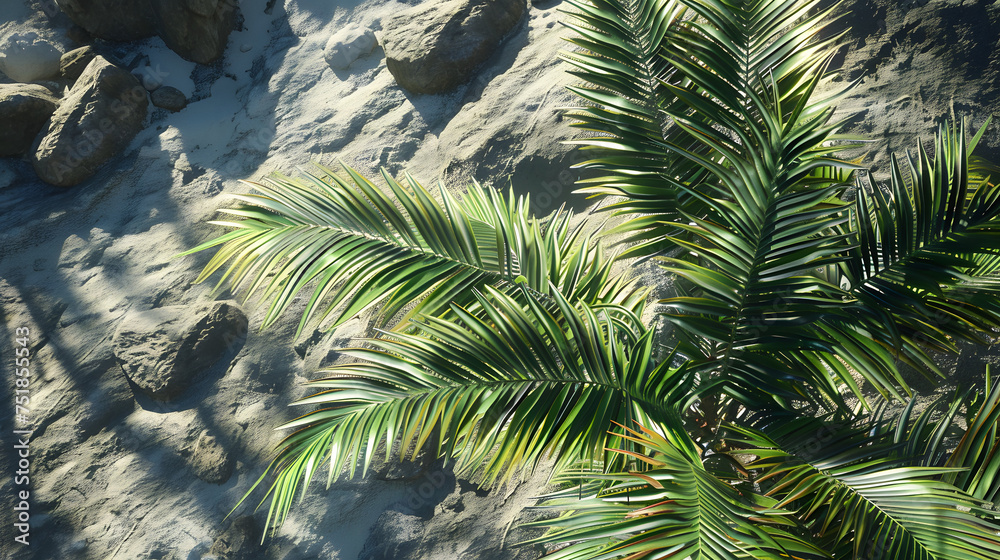Obraz premium Palm Tree and Rocks on Sandy Beach