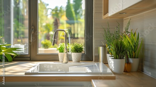 In a modern kitchen  a beautiful white sink is positioned near the window  adding to the aesthetic appeal of the space