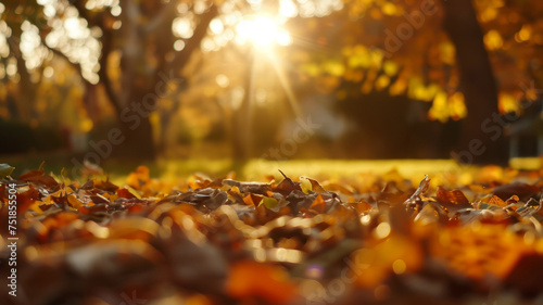 Golden autumn leaves in a sunny forest.