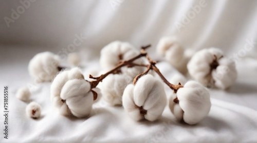 Elegant Cotton Bolls on White Fabric. Soft cotton bolls resting on delicate white cotton fabric, symbolizing natural fibers and purity. photo